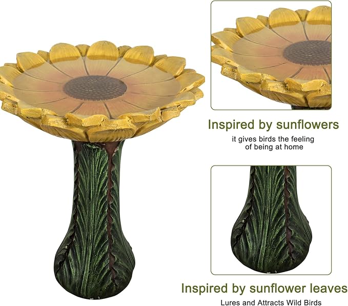 SKYFIRE 24.4”H Sunflower Bird Bath Fiber Reinforced Concrete Pedestal Birdbath for Outdoors, Heavy Duty Garden Bird Bath for Yard, Patio, Lawn, Backyard Decor