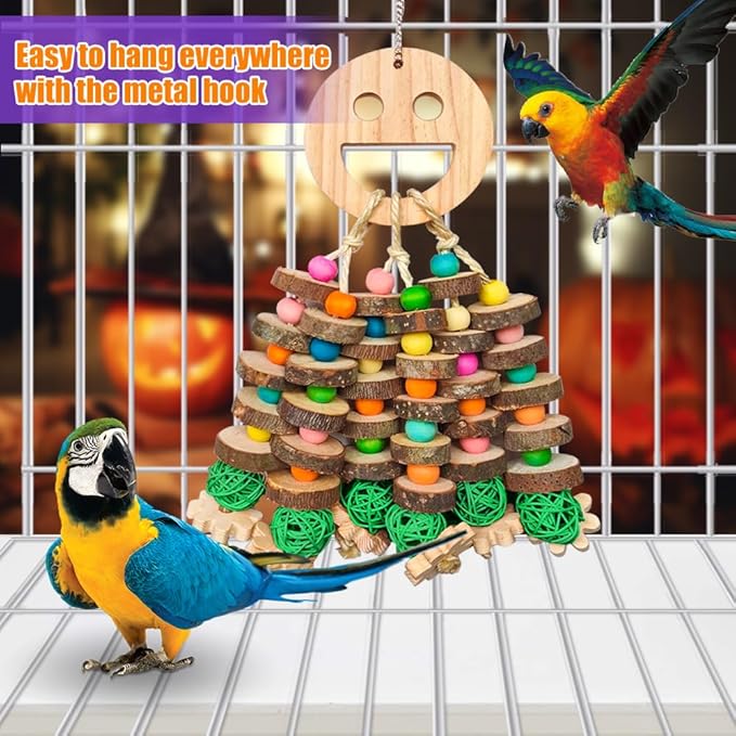 Large Parrot Toys, Multi-Color Wooden Block with Halloween Shape Bird Chewing Toy for Macaws, Cockatoos, African Grey and Large Medium Birds