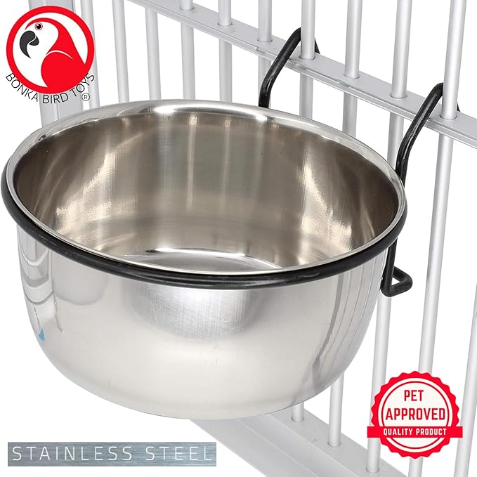 Bonka Bird Toys 3497 20oz Stainless Steel Hook Cup with Powder-Coated Black Hanger for Medium to Large Birds Cage-Mounted Feeding Bowl
