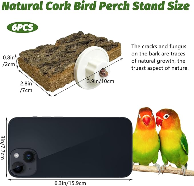 kathson Natural Cork Bird Perch Stand Platform Small Birds Wooden Rectangle Stand Perch Parakeet Chewing Toy Cage Accessories for Lovebirds Cockatiels Conures Parrots(Style B,6PCS)