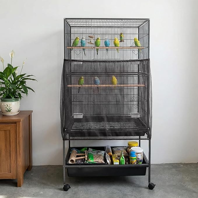 Large Bird Cage Cover Bird Cage Seed Catcher 118 x 31 Inches Adjustable Elastic Band Mesh Birdcage Cover Net Skirt for Parrot Parakeet Macaw African Cages (Black)