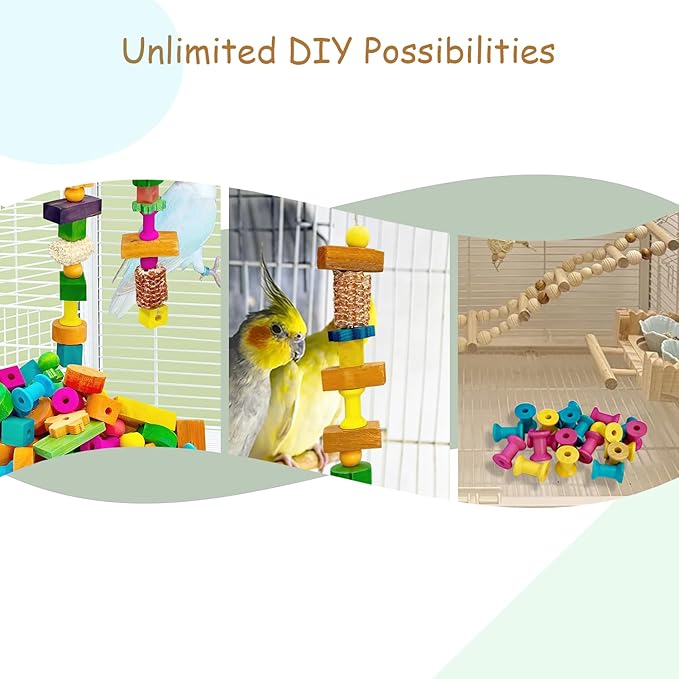 Parrot Toys Set,120 Pcs DIY Colorful Wooden Blocks & Corn Cob, Chew Training Enrichment Bird Toys for Large Cockatoos, Macaws, African Grey and Small Medium Parrots