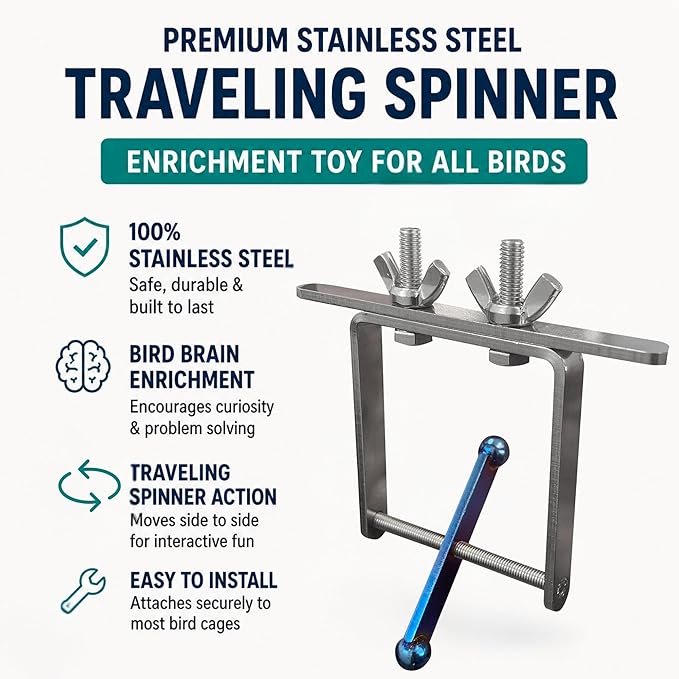 Bird Toys for Large Birds (Blue Spinner) Stainless Steel Bird Toy with Traveling Spinner | Macaw Toys | Durable Puzzle Enrichment Toy for Medium to Large Birds Cockatoos Parrot | Bird Cage Accessories