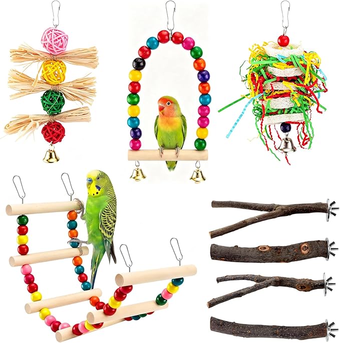 8 PCS Bird Toys & Perches Set - Natural Apple Wood & Hardwood Branches, Birch Ladder Swing, Foraging Shredding Chewing Toys for Parakeets, Cockatiels, Small Medium Bird Cage Accessories