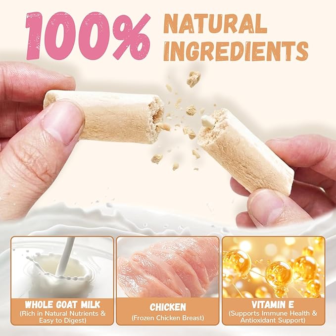 Freeze Dried Goat Milk & Chicken Dog Treats, 70% Goat Milk Yogurt Sticks for Dogs & Cats, High Protein Grain-Free Snack & Food Topper for Sensitive Stomachs, Immune Support with Vitamin E 2.8oz