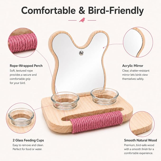 Bird Mirror with Perch and Feeder, Wooden Birds Toys Bird Cage Accessories for Parrots to Expend Energy, Interactive Toys for Greys Amazons Parakeet Cockatiel Conure Lovebirds Finch Canaries