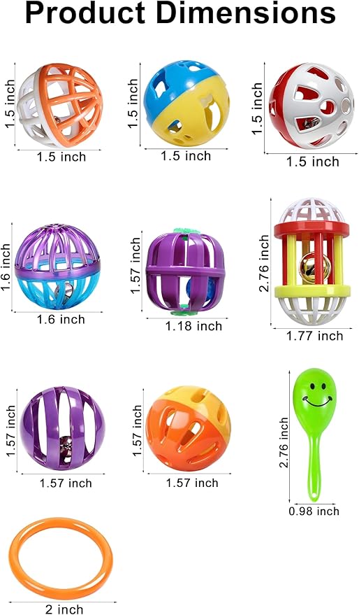 12 Pack Bird Toys, Colorful Bell Balls and Rattles for Small and Medium Parrots, Parakeets and Cockatiels