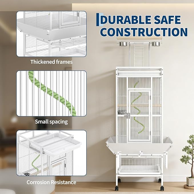 GarveeHome 60" h Bird Cage, Parakeet Cage with Playtop, Bird Rope Perche, Feed Bowls, White Parrot Cage for Parakeets, Conures, Cockatiel, Cockatoo