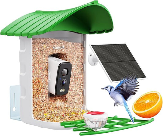 Bird Feeder with Camera, HD Birdwatching Camera with 1 Year Trial AI Identify, 4 DIY Add-ons, Smart Birds Cam with Solar Panel for Outdoor, Auto Record Videos, Gift for Bird Lover