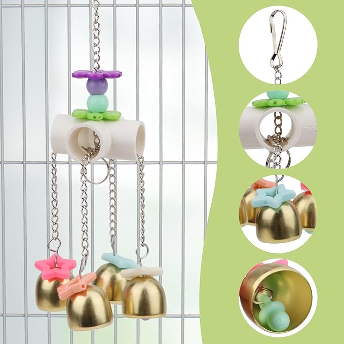 Hypeety Bird Bells Toy Hanging Cage Bell with Sweet Sound Colorful Wood Beads Bells for Lovebirds African Greys Cockatoo Macaw Parakeet Cage Hanging Perch Toy (Bell Toy-4 Bells)