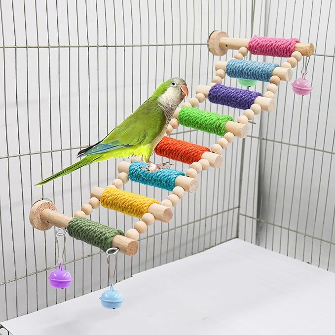 Bird Cage Accessories, Wooden Bridge with Colorful Rope on Steps, Bird Climbing Ladder Perch for Budgies, Cockatiels, Lovebirds, Quakers, Green Cheeks, Other Small to Medium Birds