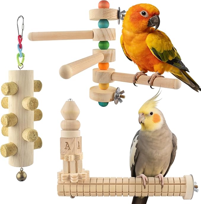 DBNESS 3pcs Natural Wood Bird Perch Toys, Rotating Perch Stand, L-Shaped Perches with Chew Block, Hanging Cork Stopper Toy, Birdcage Accessories for Small Medium Parrots Cockatiels Quaker Caique