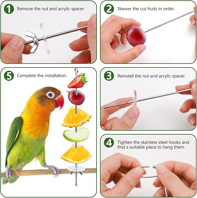 LELE LIFE 5Pcs Bird Cage Food Holder, Hanging Parrot Fruit Vegetable Skewer, Stainless Steel Bird Foraging Toys Bird Cage Feeder for Parakeet Budgie Bird Cage Accessories