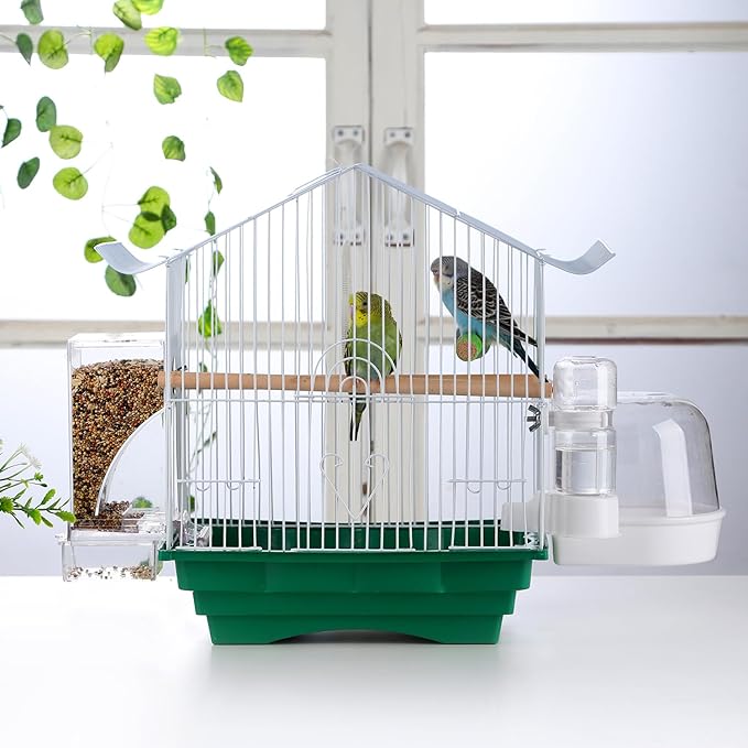 IBWell No Mess Automatic Bird Feeder for Cage - Parrot Feeder Inside Cage With Clear Perch and Acrylic Seed Food Container