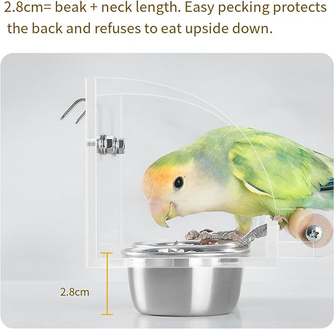 Bird feederDouble Removable Cups - Splash Protection and Natural Wood - cage Safety Hook Design - Splash Proof and Easy to Clean - Small/Medium Birds