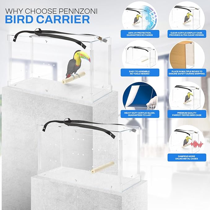 PENNZONI Macaw Acrylic Carrier, Large Bird Carrier, Crystal Clear Acrylic Bird Carrier, Bird Travel Carrier, Acrylic Bird Transporters