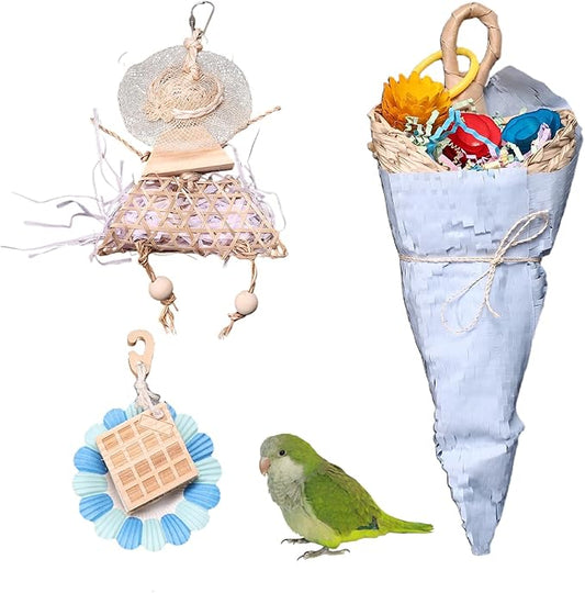 Parrot Chew Toys Set - Natural Wood & Loofah Toys with Plant-Based Dyes, 3 Pack Bird Chew Toys for Cockatiels, Conures & Small Parrots for Cage Enrichment (3 Pieces of Blue Series)