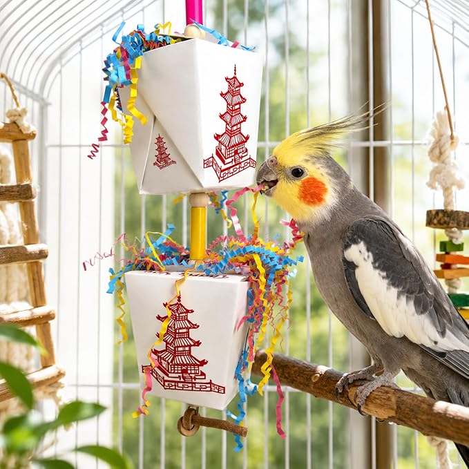 Bonka Bird Toys 3874 Duo Take Out Small Medium Bird Toy Oyster Pail Treat Box Foraging Paper Chew Shred Cockatiel Parakeet Conures and Other Similar Birds