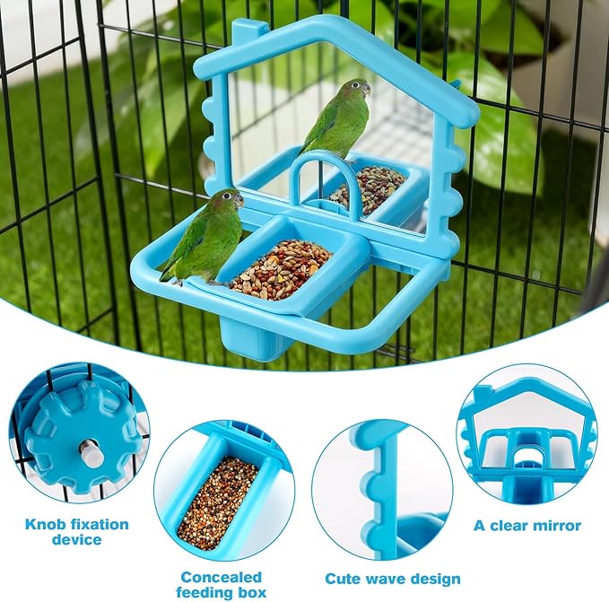 3 in 1 Bird Mirror with Perch Stand,Parrot Mirror for Cage,Bird Swing Toys for Cockatiels,Lovebirds,Conures,Parakeets-Helps Birds Release Stress (Blue)