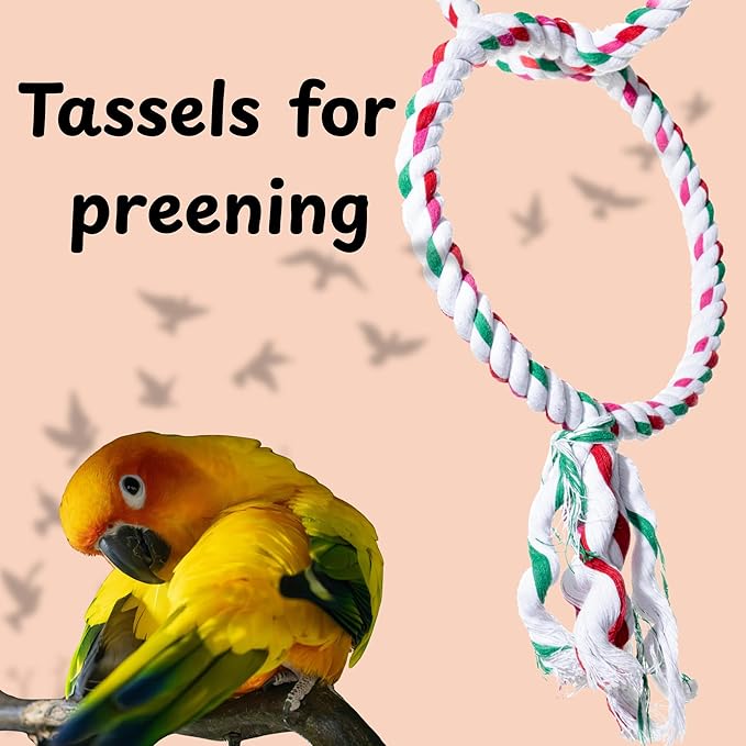 Double Hoop Bird Swing - Cotton Rope Hanging Perch Rings, Climbing Swing & Toy for Parrots, Budgies, Parakeets, Cockatiels, Conures - Large Bird Swing Toy & Cage Accessory