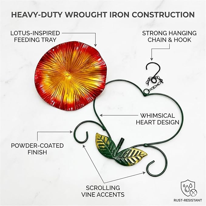 Heart-Shaped Wrought Iron Flower Bird Feeder, Signals Heart Shaped Bird Feeder Stake-Outdoor Garden Patio Decoration for Cardinals, Finches, Parrots & Wild Birds, for Patio Watching (Red)