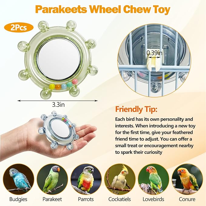 Hamiledyi Bird Rotating Toys with Mirror Interactive Spinner Rattle Parrot Toy Birds Chewing Toy Parakeet Cage Accessories for Entertainment Suitable for Conure Cockatiel Lovebird(Blue and Green,2PCS)