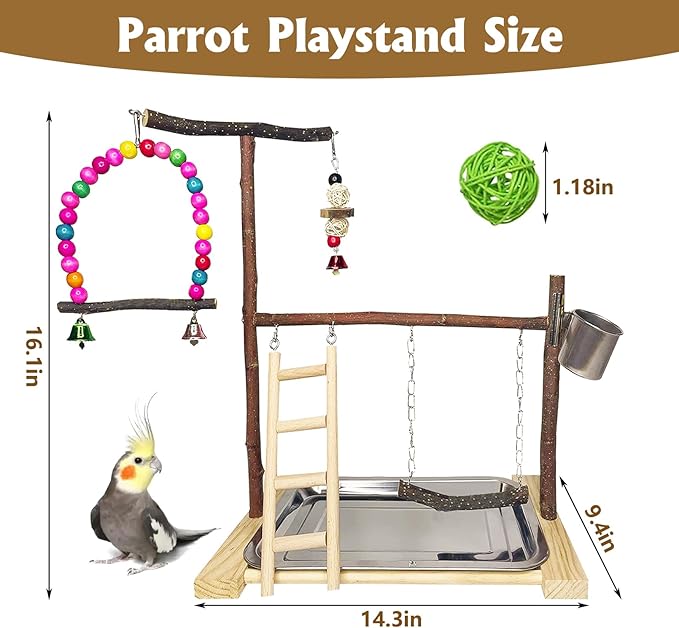 Bird Playground Parrot Playstand Parakeet Gym Playpen Cockatiel Play Stand Wood Perch Exercise Activity Center Ladders Feeder Cups Cage Accessories Swing Chew Toys for Cockatoo Budgie Lovebird Finch