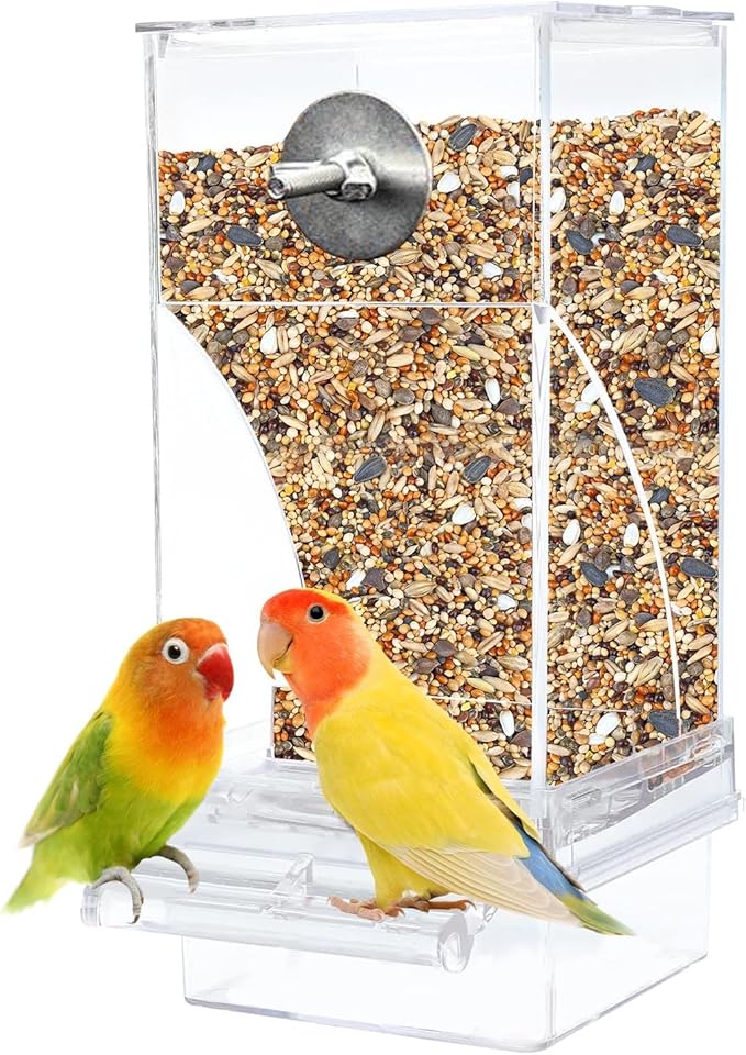kathson No-Mess Bird Feeder Parrot Integrated Automatic Feeder Seed Food Container Acrylic Finch Foraging Feeders with Perch Cage Accessories for Small Birds Parakeet Canary Cockatiel Lovebirds