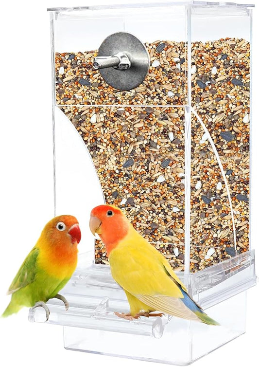 kathson No-Mess Bird Feeder Parrot Integrated Automatic Feeder Seed Food Container Acrylic Finch Foraging Feeders with Perch Cage Accessories for Small Birds Parakeet Canary Cockatiel Lovebirds