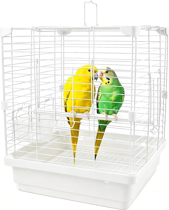 Small Bird Cage - 14x14x17.5 in Lightweight Travel Outdoor Birdcage for Parakeets, Budgies & Canaries and More Small Birds, Bird Carrier with Handle, Stand, Removable Tray, Portable for Hanging, White