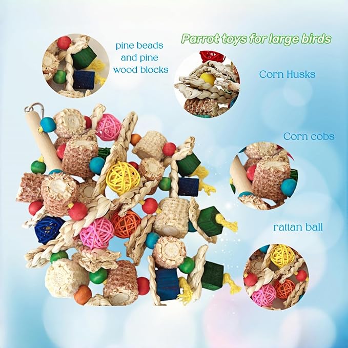 Bird Parrot Toys for Cage, 2 Pack Chew Toys with Corn Cob, Cuttlebone & Colorful Blocks for Small to Medium Parrots Like Parakeets, Conures, Cockatiels (Colorful Toy + Cuttlefish Bone)