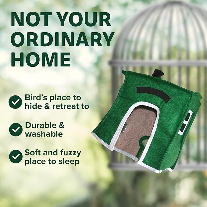 Crazy K Farm - Avian Haven Bird Hut, Comfy Bird Snuggle Hut, Plush Pet Bird Hut for Sleeping and Snuggling, Hanging Bird Cage Hut with Sherpa, Cozy Bird Cage Accessories Large, Green