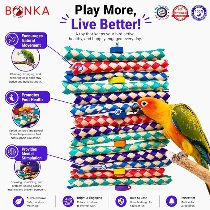 Bonka Bird Toys 1798 Big Foamy Delight Shreddable Bamboo Finger Trap and Foam Bead Bird Toy 9.5" x 6" for Small to Medium Birds Enrichment Play Amazon Conure and Similar