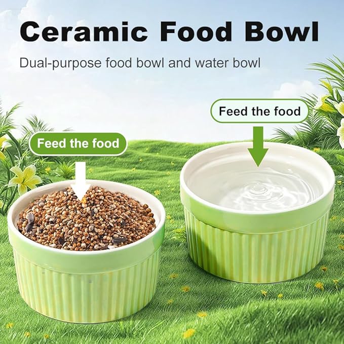 Bird Feeder for Cage Bowl, Ceramic Parrot Feeding Cups - Automatic Easy to Clean & Install, Dishwasher Safe Small Animal Food Water Bird Dish for Parrots, Cockatiels, Canaries(Green)