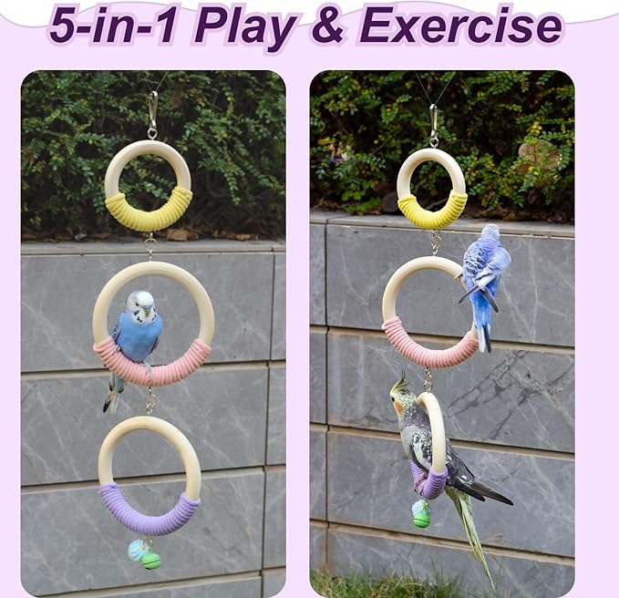 3-Ring Bird Wooden Swing with Bell Climbing Toy Chewable Cotton Rope Perch for Cage Cockatiels Budgies Parakeets Lovebirds 17 Inch
