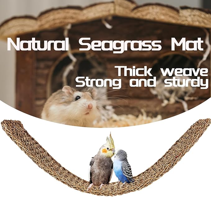 39 x 7 Inches Seagrass Mat, Natural Grass Woven Bird Net Hammock Mat, Climbing Rope Ladder Chew Toy, Cage Accessories for Parrots, Psittacines, Cockatiels, Hamsters, Lovebirds, Mice (2 Pack)