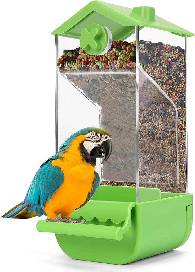 Yummy Sam Automatic Bird Feeder with Perch for Cage, No Mess Acrylic Transparent Bird Cage Feeder, Parrot Seed Feeders Food Container Cage Accessories for Small Medium Birds Parrot Cockatoo Canary