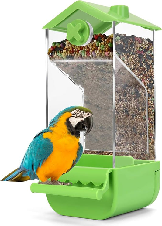 Yummy Sam Automatic Bird Feeder with Perch for Cage, No Mess Acrylic Transparent Bird Cage Feeder, Parrot Seed Feeders Food Container Cage Accessories for Small Medium Birds Parrot Cockatoo Canary