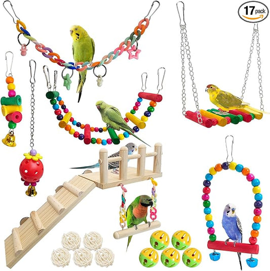 Hamiledyi 17Pcs Parrot Swing Toys Perches Platform with Bird Climbing Ladder Chewing Hanging Standing Colorful Toys Cage Accessories for Parakeet, Conure, Finch, Lovebirds, Budgie, Canary