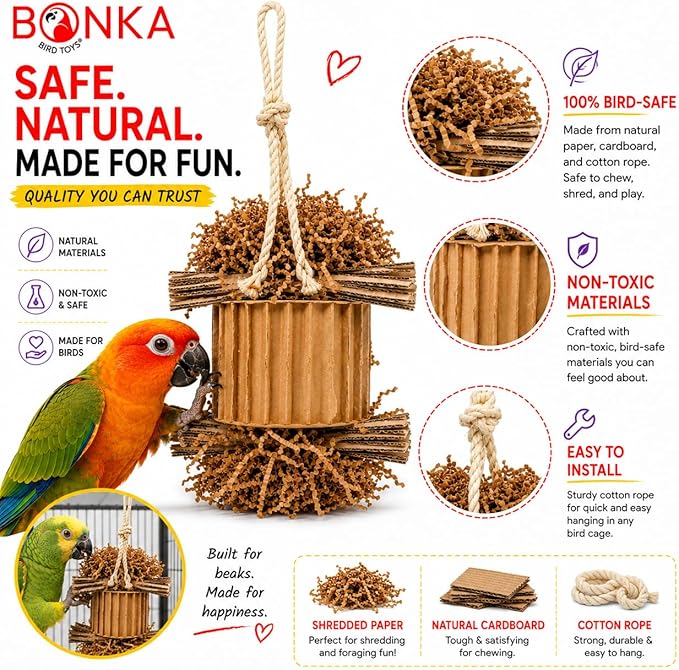 Bonka Bird Toys 3753 Natural Shreddy Eddy Medium to Large Parrot Toy Good Conure African Grey, Conures, Amazons, Small Cockatoos, and similarly Sized pet Birds for Chewy Foraging Fun.