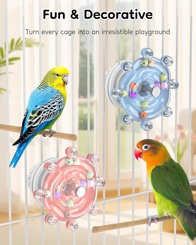 Pawfly 2 Pcs Bird Toys for Parakeets, Spinning Wheel Chew Toys, Interactive Spinner Rattle Parrot Toys, Cockatiel Toys, Bird Cage Accessories for Entertainment Chewing Exercise, Blue & Pink