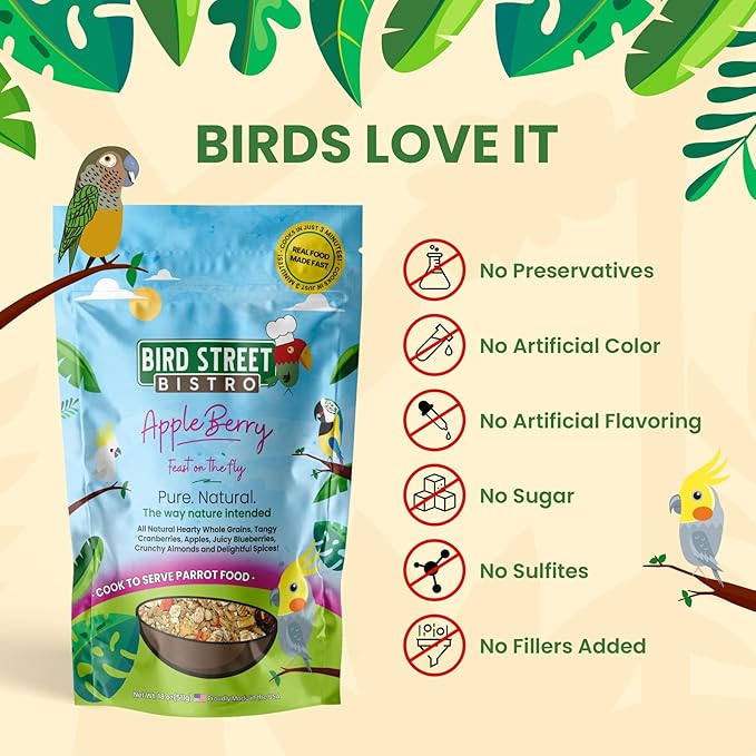 Bird Street Bistro Parrot Food - Parakeet & Cockatiel Food - Cooks in 3-15 min with Natural Grains, Legumes, Non-GMO Fruits, Vegetables & Health-Oriented Spices