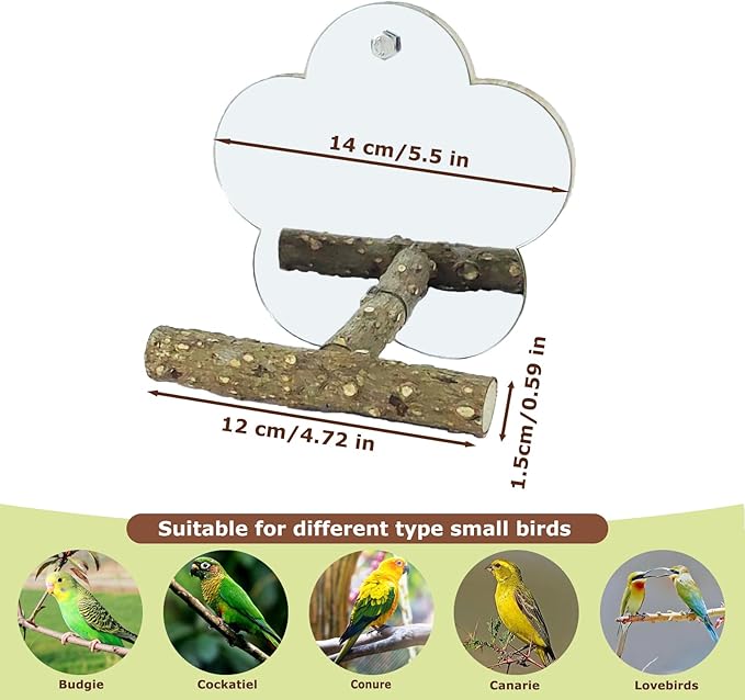 Bird Mirror with Perch Stand InteractiveToys Cage Accessories for Pet Parrot Budgies Cockatiels Conure Lovebird Finch Canaries and Other Small Birds (Flower Shape)