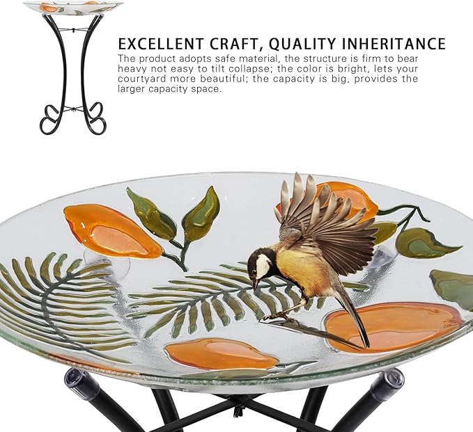 MUMTOP Outdoor Glass Birdbath with Metal Stand for Outside Yard Garden Decor, 18 inch Diameter Lemon Tropical Decorative Bird Baths Bowl for Outdoors, 21.65 inch Height