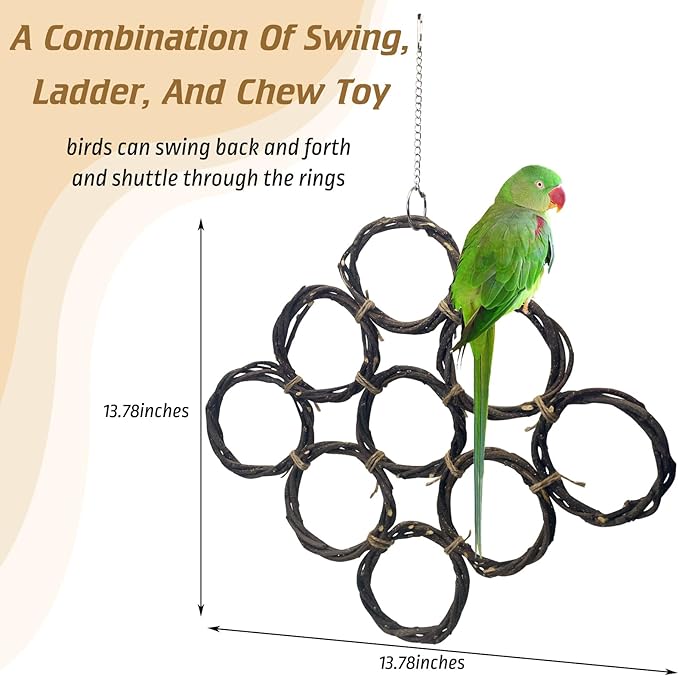 BNOSDM Bird Swing Rings Toy Natural Wood Parrot Climbing Ladder Parakeet Chewing Toys Hanging Budgie Cage Accessories for Green Cheek Conure Cockatiel Lovebird (9 Rings)