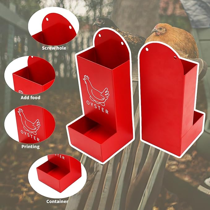 Chicken Coop Accessories, 2 Pack Red Metal Grit and Oyster Shell Feeder with Screw and Plastic Cable Tie, Chicken Feeder for Hen, Duck, Geese, Turkey and Other All Poultry