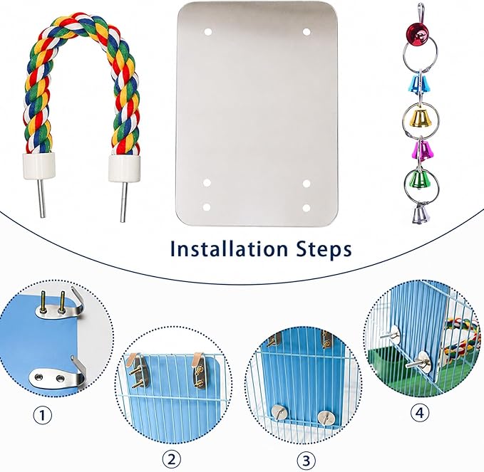 7" Bird Mirror with Rope Perch Bird Toys Swing, Comfy Perch for Greys Amazons Parakeet Cockatiel Conure Lovebirds Finch Canaries