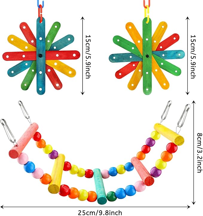 QUOZUO 8 pcs Bird Toys for Parakeets with Colorful Ladder Hammock Bird Cage Accessories Bird Perch Stand Chewing Toys Hanging Bell Parrot