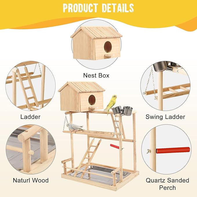 HiCaptain Large Bird Playground, 3 Layers Cockatiel Playground, Pet Parrot Playstand Gym Wooden Playpen Birds Play Stand with Nesting Box, Ladder, Feeder Cups