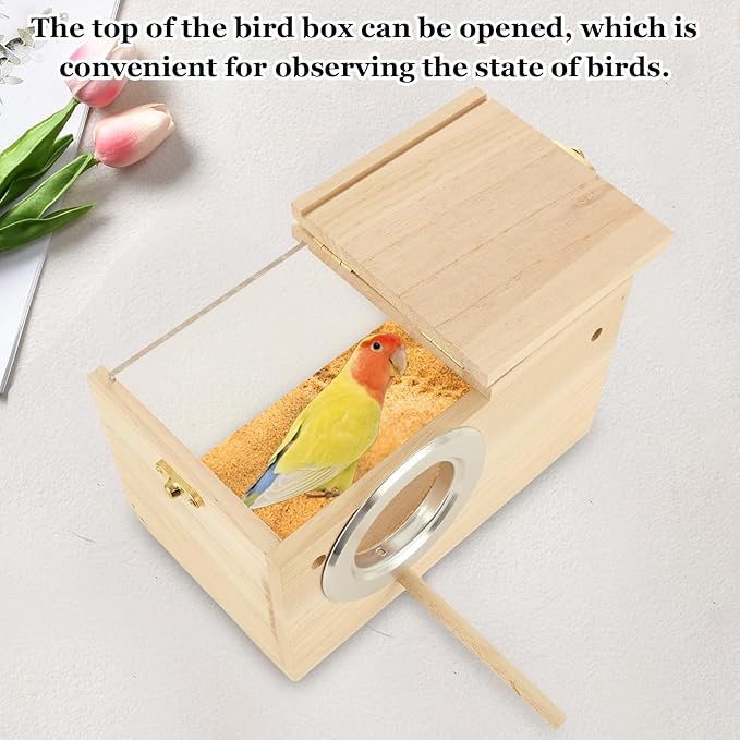 QTLCOHD 2 Pack Parakeet Nesting Box, Natural Wood Breeding Box with Transparent Acrylic Window, Bird Nesting Box for Parakeets, Lovebird, Cockatiels, Conure